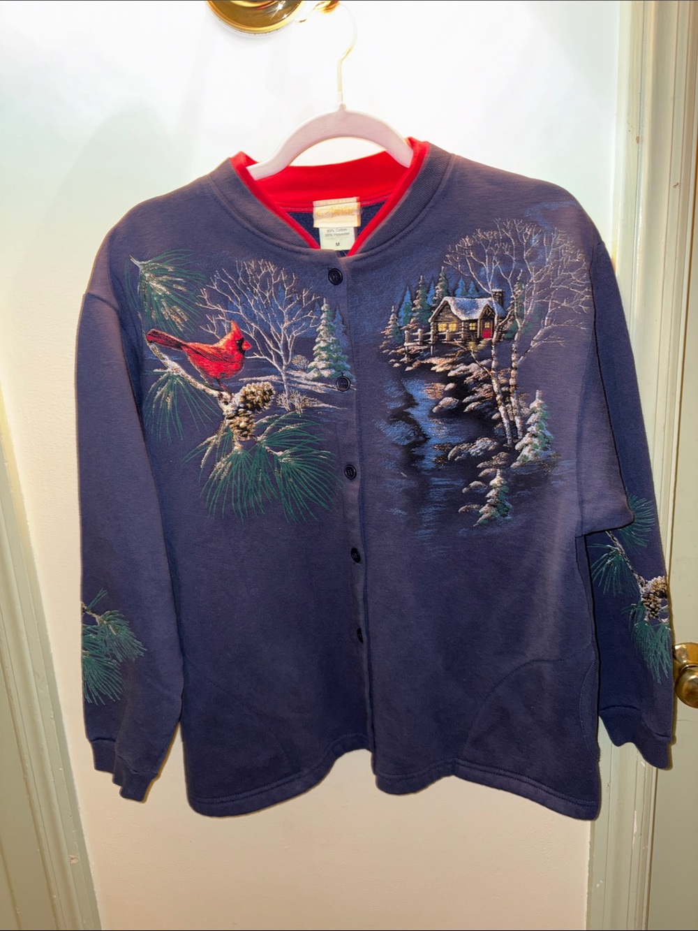 Artisan Navy Blue Cardigan with Red Cardinal & Winter Cabin Embroidery